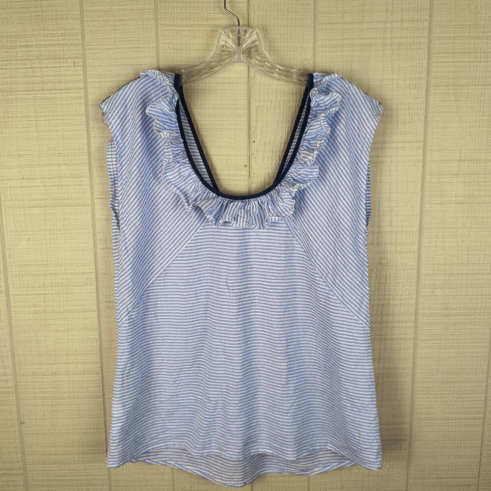 Cabi Windward Nautical Stripe Top Blouse Blue White Ruffle